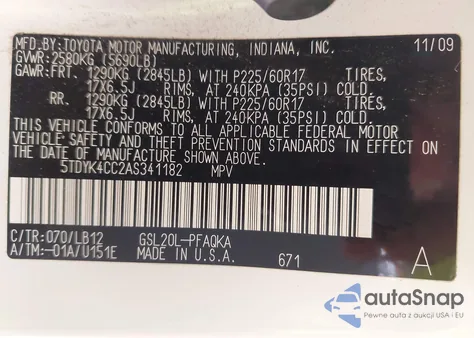 2010 Toyota Sienna Xle z USA, uszkodzony, nr VIN 5TDYK4CC2AS341182